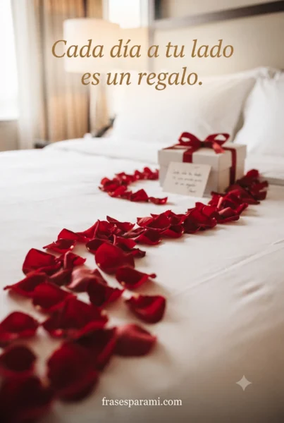 Pétalos de rosa sobre cama acompañando frases de amor bonitas
