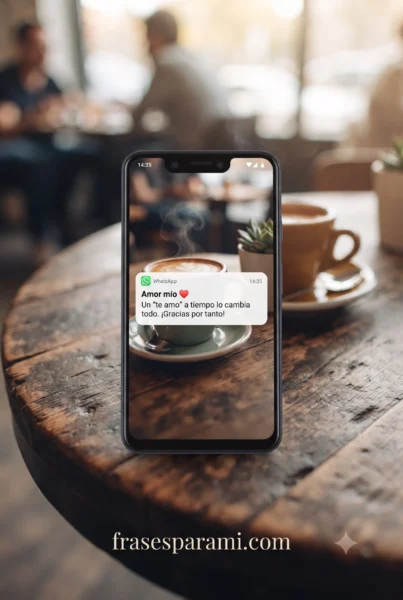 Pantalla de móvil mostrando mensajes de amor cortos para enviar por WhatsApp