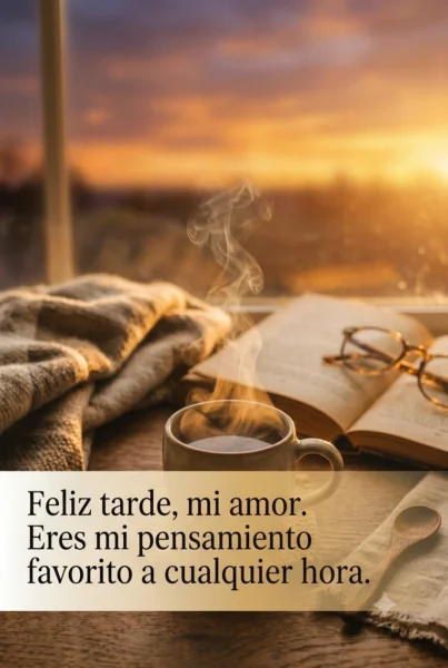 Frase romántica de feliz tarde amor sobre fondo cálido de taza de café por la tarde