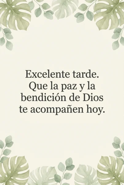 Tarjeta de buenas tardes con diseño botánico suave y frase de bendiciones para la familia