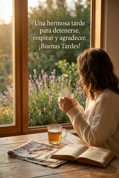 Fotografía de una mujer mirando por la ventana con un té y una frase que dice Una hermosa tarde para detenerse, respirar y agradecer ¡Buenas Tardes!