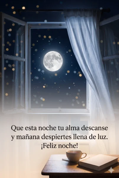 Postal de buenas noches con mensaje de luz y bendiciones, diseñada para compartir por WhatsApp.