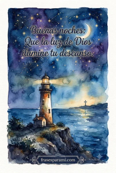 Postal ilustrada con faro y frase de buenas noches cristiana
