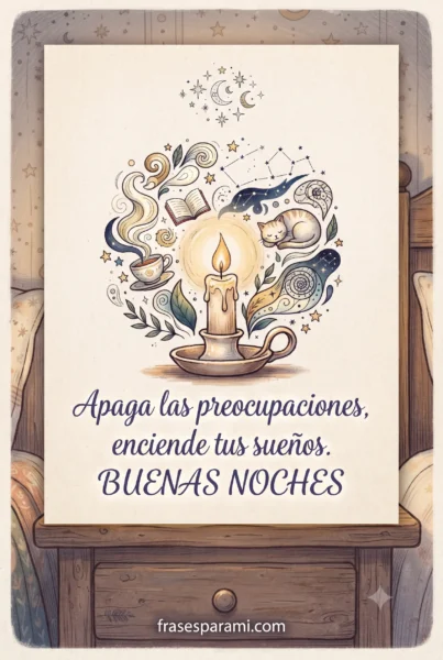 Postal con vela encendida y frase de buenas noches relajante