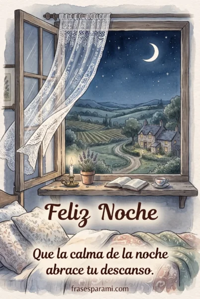 Postal ilustrada de ventana con estrellas y frase de buenas noches