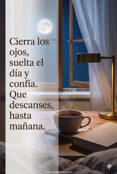 Imagen relajante de taza de té y libro para desear feliz noche y un descanso hasta mañana.