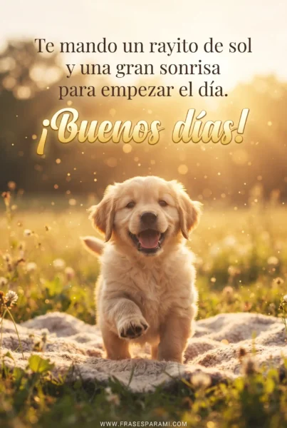 Cachorro adorable saludando con texto original de buenos días para compartir.