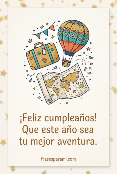 Postal de feliz cumpleaños con diseño de aventuras y globos