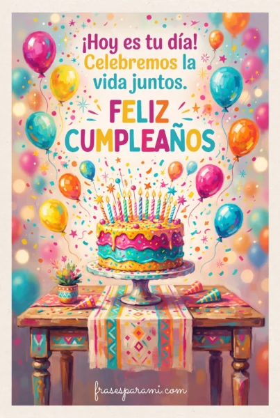 Postal ilustrada con confeti y globos para imágenes de cumpleaños