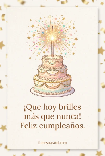 Postal festiva con pastel y bengalas para feliz cumpleaños brillante
