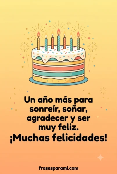 Ilustración colorida de un pastel de cumpleaños con velas encendidas, chispas de colores y mensaje bonito