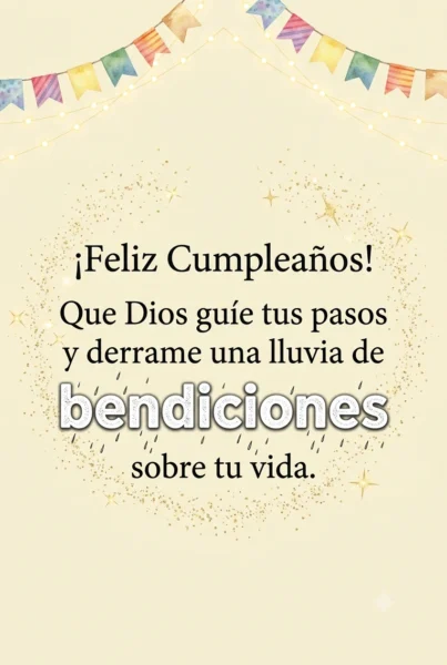 Tarjeta festiva de feliz cumpleaños con guirnaldas de luces, destellos dorados y mensaje de bendiciones