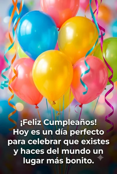 Frase original de feliz cumpleaños sobre fondo festivo con globos de helio de colores y serpentinas