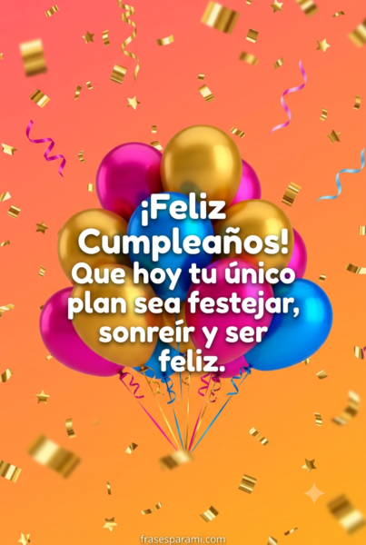 Tarjeta festiva de feliz cumpleaños con globos de helio brillantes, confeti dorado flotando y un mensaje alegre de felicitación