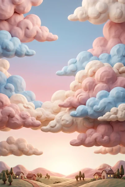 Fondo de pantalla aesthetic con nubes 3D en tonos pastel suaves
