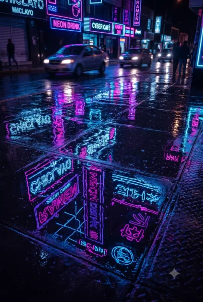 Fondo de pantalla chido estilo cyberpunk con luces de neón azules y magentas