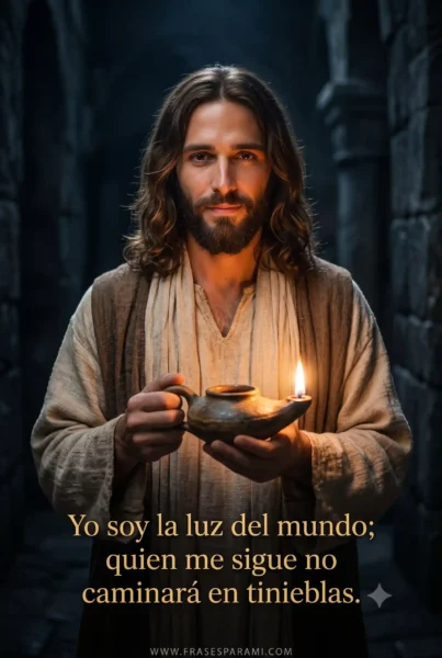 Jesucristo simbolizando la luz del mundo con frase de esperanza