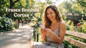 Persona feliz mirando frases bonitas cortas en su móvil