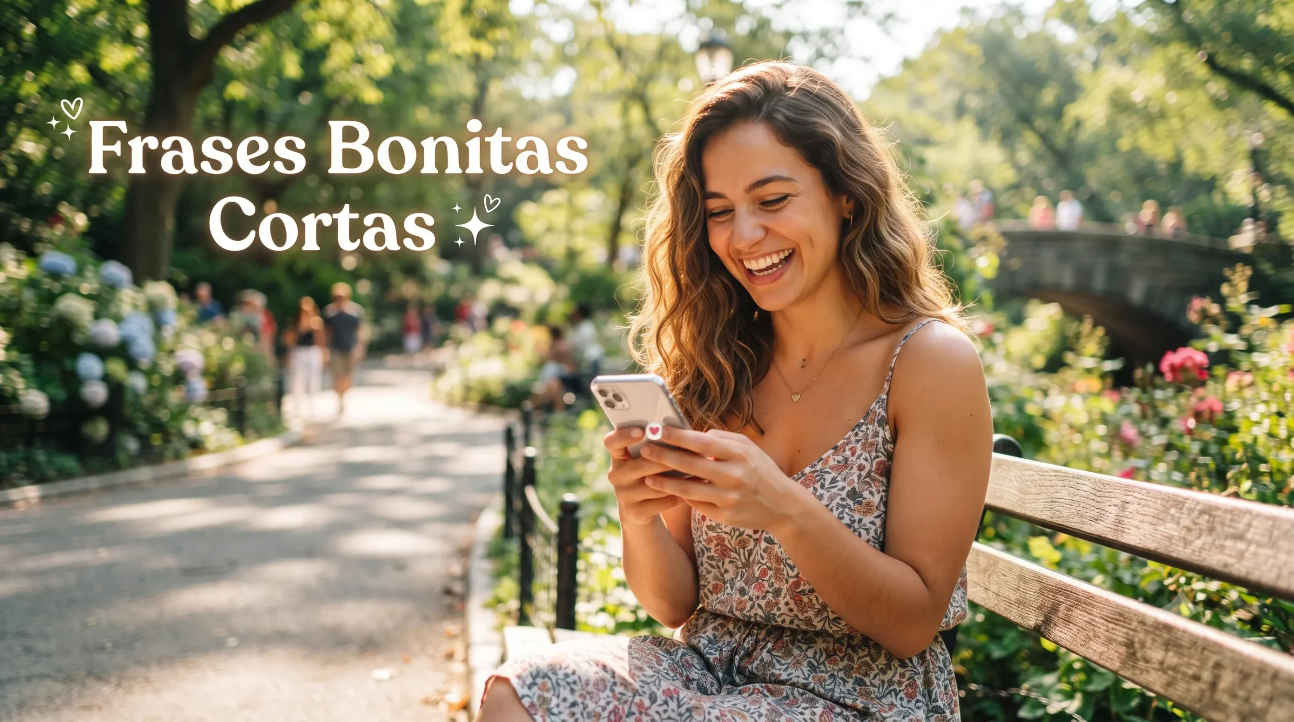 Persona feliz mirando frases bonitas cortas en su móvil