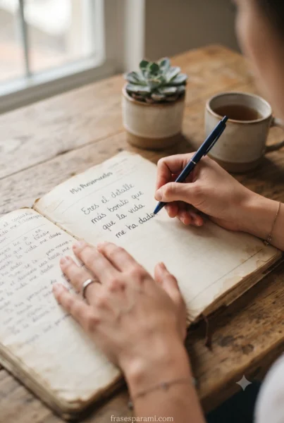 Manos escribiendo frases bonitas para dedicar a alguien especial