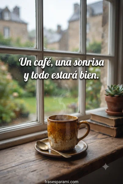 Taza de café al amanecer con frases bonitas cortas diarias
