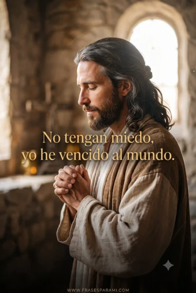 Retrato de perfil de Jesús con frase de fortaleza y victoria espiritual
