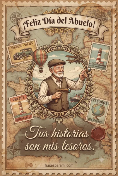 Postal de viaje ilustrada con frase: Feliz Día del Abuelo