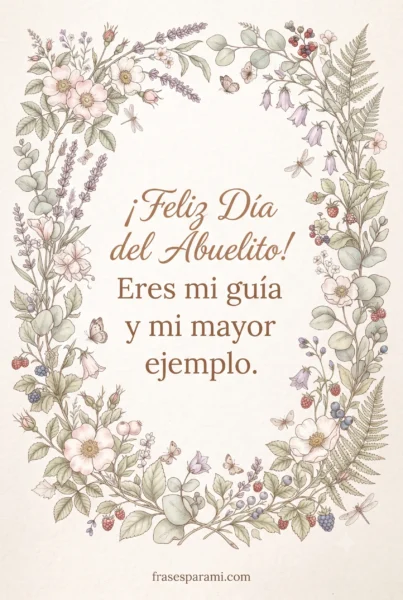 Postal botánica dibujada con frase: Feliz Día del Abuelito