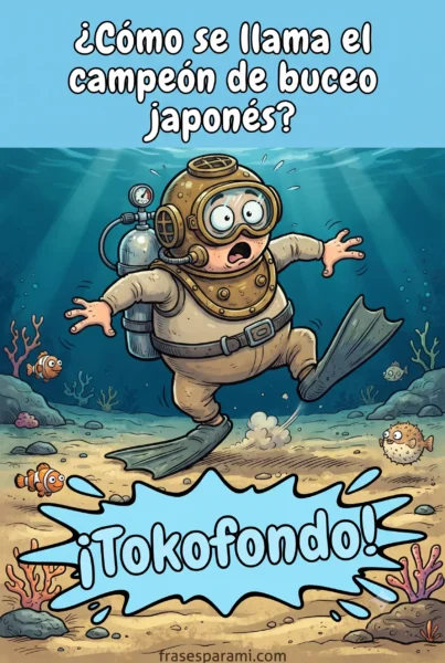 Ilustración cómica de un buceador japonés tocando el fondo del mar como remate de un chiste