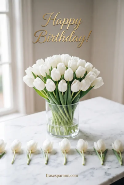Simple white tulips image for a clean birthday greeting