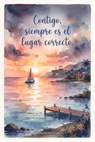 Postal de atardecer ilustrado con frase corta de amor
