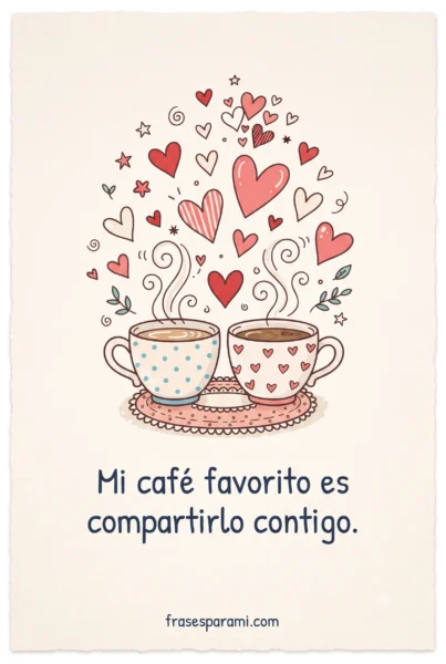 Postal de tazas con corazones y frase romántica corta