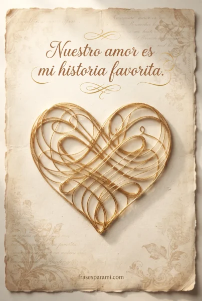 Postal con corazón de hilos dorados y mensaje romántico de amor.