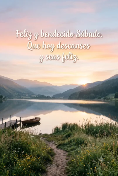 Tarjeta con paisaje sereno y frase de feliz y bendecido sábado