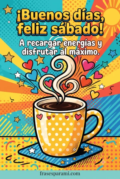 Imagen de feliz sábado con café y energía positiva para WhatsApp