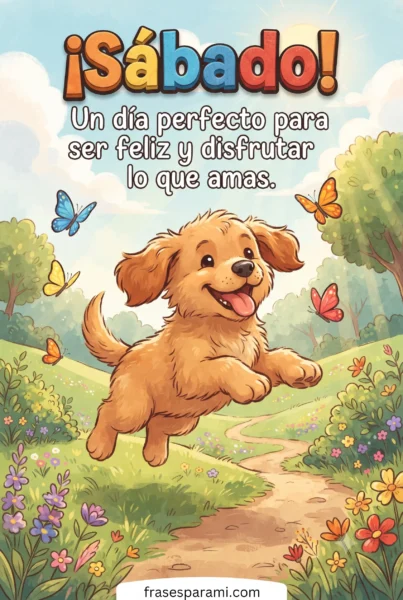 Postal con perrito tierno y frase de feliz sábado alegre