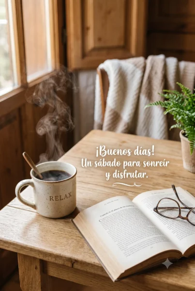 Imagen de café y libro para desear un feliz sábado positivo