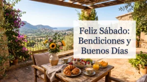 Imagen de desayuno en terraza para un feliz sábado con bendiciones