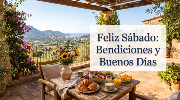 Imagen de desayuno en terraza para un feliz sábado con bendiciones