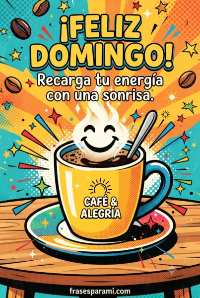 Postal animada de feliz domingo con café y energía positiva