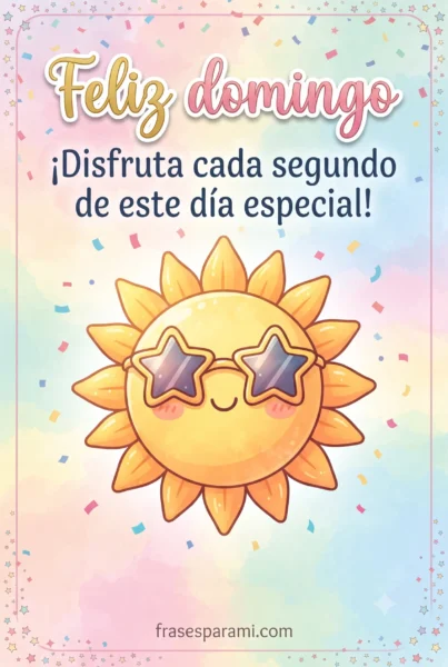 Postal festiva de feliz domingo con sol y confeti