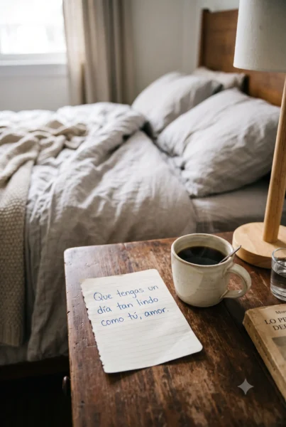 Nota romántica en mesa para enviar un lindo día a mi amor