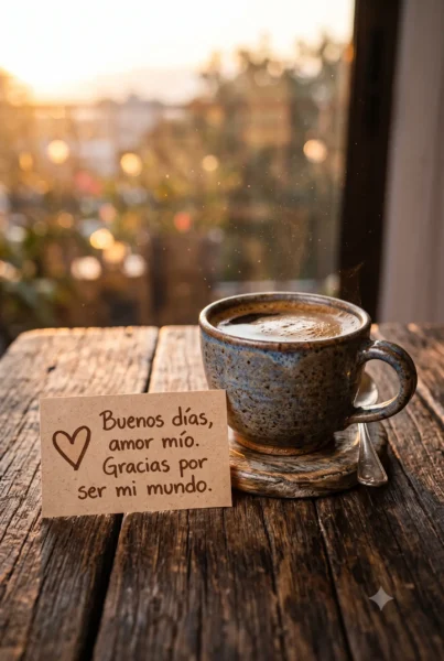Tarjeta romántica de buenos días amor mío sobre mesa de madera