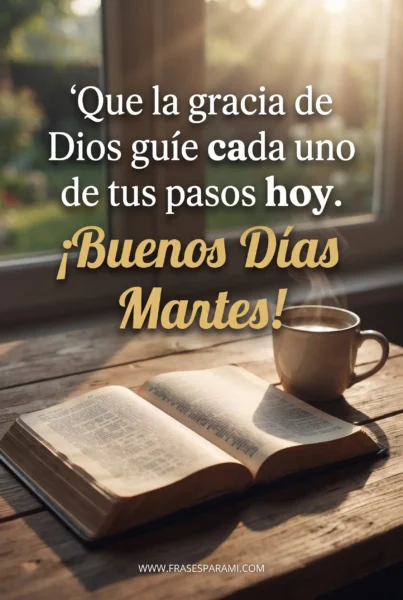 Biblia abierta al amanecer con frase cristiana de buenos días martes.