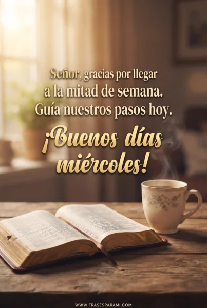 Biblia abierta al amanecer con frase cristiana de buenos días miércoles.