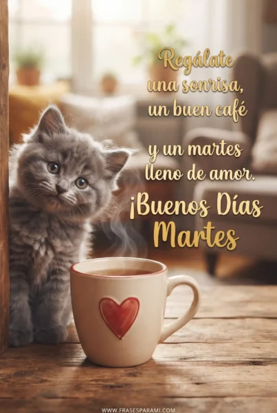 Gatito tierno asomado con taza de café para desear un feliz martes.