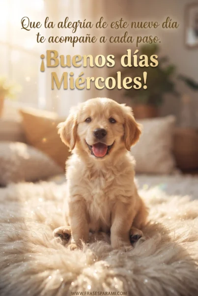 Cachorro tierno sonriendo con texto de buenos días miércoles para desear un feliz día.