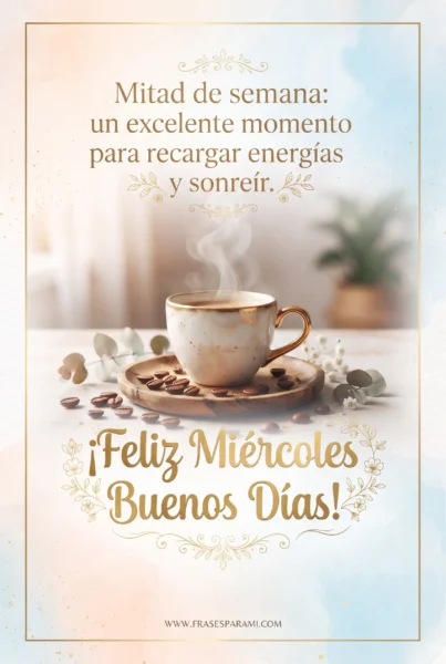 Tarjeta postal con taza de café y frase motivadora para buenos días miércoles.