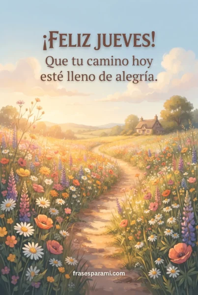 Postal de flores y camino natural para desear un feliz jueves