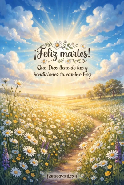 Postal ilustrada con campo soleado y mensaje de bendiciones